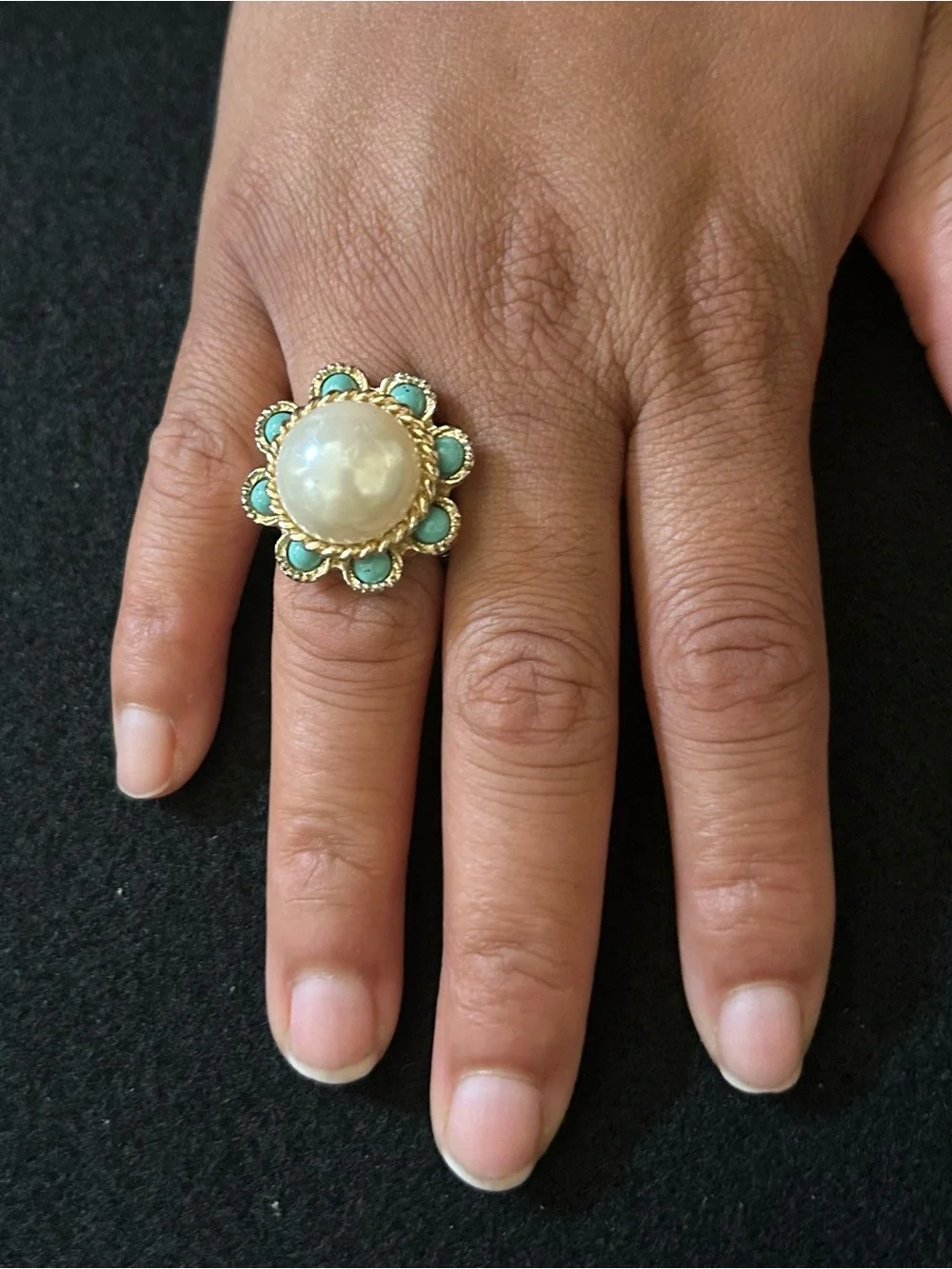Gold Flower Statement Stretch Ring with Pearl with Faux Turquoise Accents